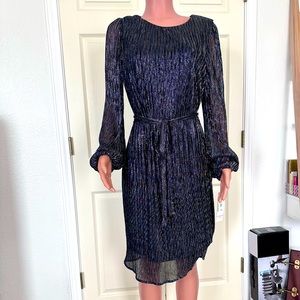 Leslie Fay - Size 10 Navy Blue with Silver Long Sleeve Dress with tie belt